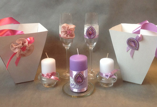 Свадебный набор из фужеров, свечек и сумочек для лепестков «Домашний очаг»
